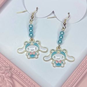 Cinnamoroll in Bear Outfit Drop Earrings with Pearl Beads